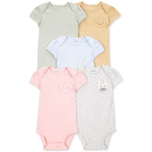Baby Girl Printed Animal Short-Sleeve Bodysuits, 5 Pack