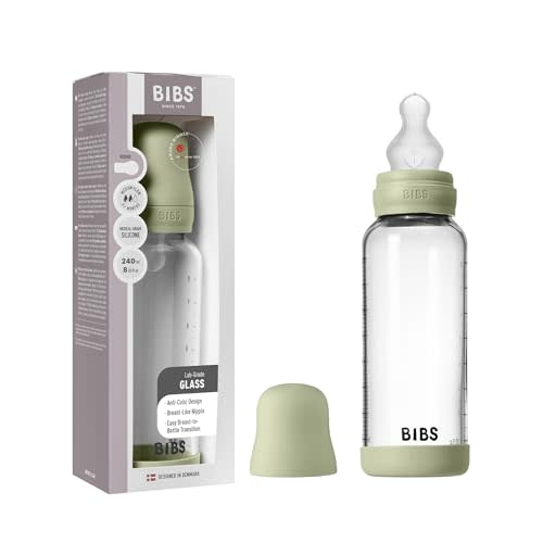 BIBS Baby Glass Bottle. 8 US fl oz / 240 ml. Anti-Colic. Vented Round Silicone Nipple. Supports Natural Breastfeeding, Medium Flow, Complete Set - Sage