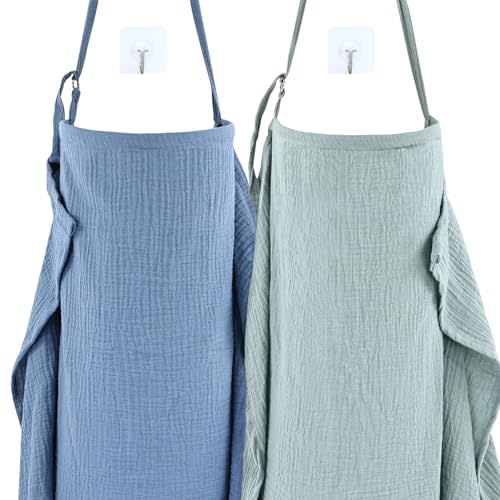 Cinaci 2 Pack Pure Cotton Muslin Lightweight Breathable Breastfeeding Nursing Cover Blankets with Adjustable Metal Clasp (Blue+Bean Green)