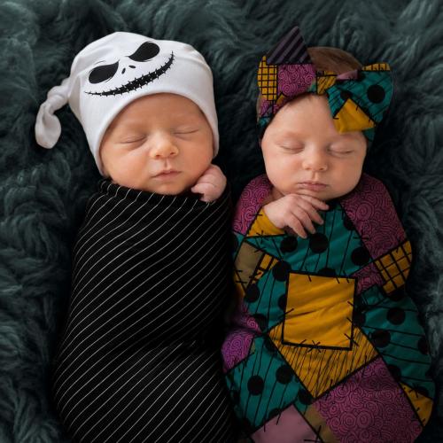 Nightmare Halloween Baby Swaddle with Matching Hat + Headband + Bow, Sally Rags Patchwork Blanket for Newborn, Skeleton Baby Shower Gift