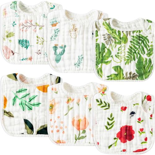 Zainpe 6Pcs Snap Muslin Cotton Baby Bibs Summer Cactus Patterns Infants Drooling Bib, Soft Absorbent Adjustable Burp Cloths for Newborns Girls Boys Toddlers Teething Eating Feeding 0 to 36 Months