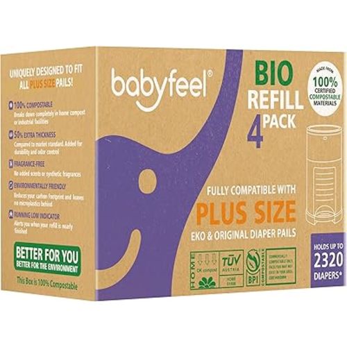 Babyfeel BIO Refills Compatible with DEKOR PLUS Diaper Pails | 100% Compostable | 4 Pack | 50% Extra Thickness | Compost Refill bags with Running Low Indicator | Powerful Odor Control | Fragrance-free