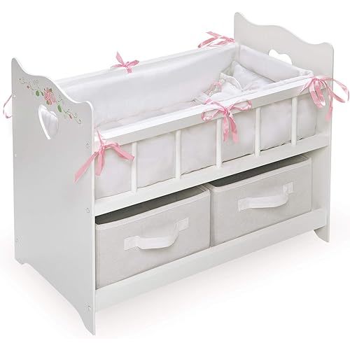 Badger Basket Wooden Doll Bed with Bed Liner, Pillows and Two Storage Baskets - Fits 18" Dolls - Ideal for Pretend Play and Baby Doll Fun - White/Rose Design with Free Personalization Kit