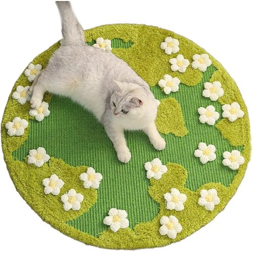 31 x 31 Inch 3D Garden Cat Scratcher Mat, Flower Sisal Cat Scratch Pad, Floor Cat Scratching Pads Rug for Indoor Cats, Protector for Wall&Carpets&Sofas, Green Moss Cat Claw Pad (White Flowers)
