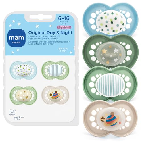 MAM Original Baby Pacifiers 6-16 Months, Binky for Newborn Babies, BPA-Free Skin Soft Silicone Nipple, Glows in The Dark, Developed with Medical Experts, 4 Count, Made in Europe