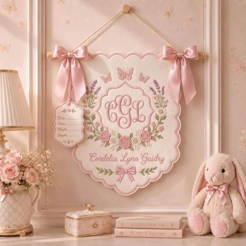 Custom Embroidered Floral Butterfly Baby Banner, Personalized Baby Name Nursery Door Sign, Monogram Baby Shower Decor, Newborn Keepsake Gift