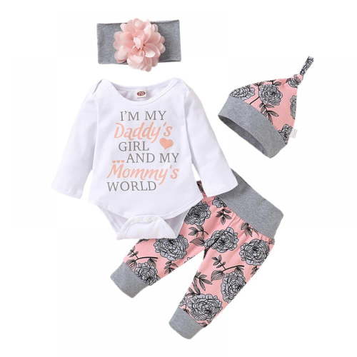 Newborn Little Baby Girl Going Home Outfit,Fall Winter Clothes for Babies Coming Home Romper Trousers Headband Hat 4 Outfits