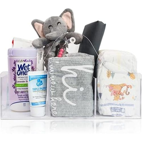 Acrylic Diaper Caddy Organizer - Stylish Portable Nursery Storage Basket with Handle & 3 Spacious Compartments - Perfect for Diapers, Wipes, Creams - Baby Shower & Nursery Must Haves