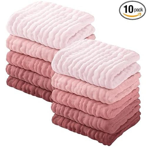 Yoofoss Muslin Baby Washcloths 100% Organic Cotton Face Towels 10 Pack Wash Cloths for Baby 12x12in Soft and Absorbent Baby Wipes (Gradient Pink)
