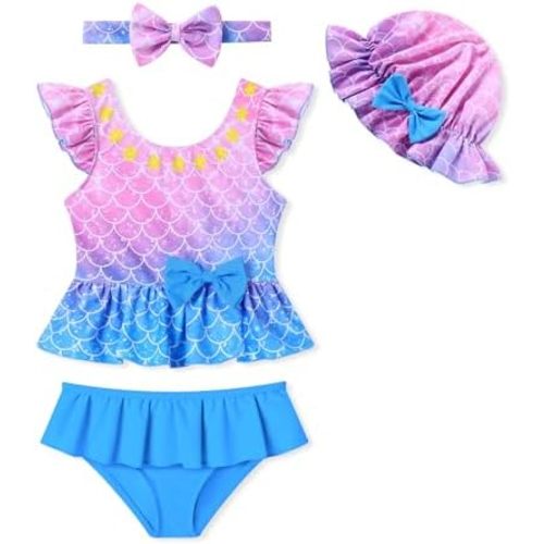 Baby Girl Swimsuit Toddler 2 Piece Bathing Suit Beach Bikini with hat Headband Tankini Beachwear 6M-4T