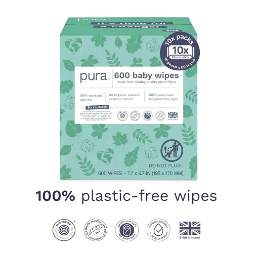 Pura Natural Sensitive Baby Wipes, 99% Water, Unscented & Hypoallergenic, Suitable for Sensitive & Eczema-prone Skin, Hypoallergenic, EWG Verified, 10 Pack of 60 Wet Wipes (600 Diaper Wipes) Bulk Buy