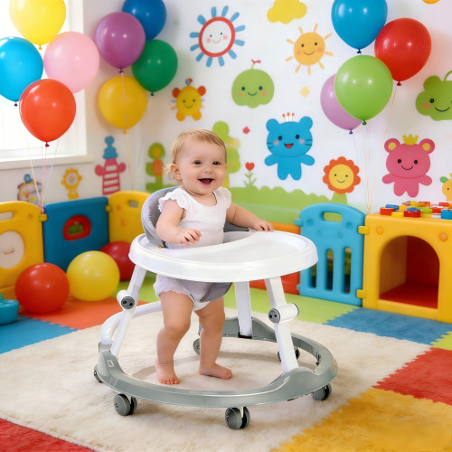 6-18 Months Foldable Baby Walker, Anti-Rollover Stable Toddler Walker with Silent Wheels & Large Activity Tray,Walking Trainer for Indoor Outdoor Use