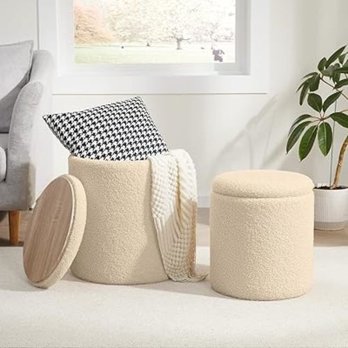 Boucle Round Ottoman with Storage Set of 2,Small Foot Stool Ottoman for Living Room, Small Coffee Table,Vanity Stool with Storage for Bedroom, Beige