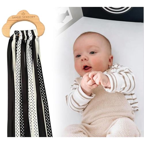 Toys Cloud Ribbon - Black and White Baby Toys 0-3 Months Made with Beech Wood & Soft Grosgrain and Satin Ribbon - Developmental High Contrast Baby Toys & Tummy Time Toys