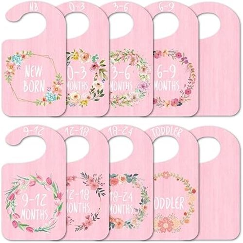 CRASPIRE 10Pcs Flower Wood Wardrobe Dividers Floral Wreath Decor from Newborn to 36 Month Closet Yellow Organizers Hanger Seperaters Nursery Wardrobe Hangers Divider for Shower