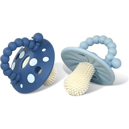 RaZbaby Soft Silicone Infant & Baby 3M+ Teether Toy Massaging Bristles Teething Relief Pacifier - Soothes Sore Gums - Hands-Free & Easy-to-Hold Chompy Teether, BPA Free (Power/Dark Blue)