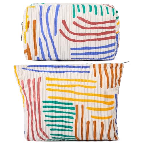 SOIDRAM 2 Pieces Stripes Makeup Bag Large Corduroy Cosmetic Bag Capacity Canvas Mix Travel Toiletry Bag Organizer Cute Makeup Brushes Aesthetic Accessories Storage Bag for Women, Stripes Mix Colorful