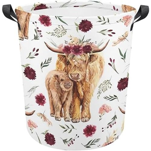 RENJUNDUN Floral Highland Cow Storage Basket Collapsible Toys Storage Box Bin Laundry Organizer for Closet Shelf Nursery Kids Bedroom, 17.3'' Hx16.5''D