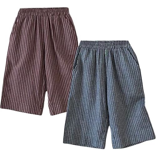 Ashmyova Casual Pants for Boys Girls Classic Linen Cotton Stripe Elastics Waist Spring Autumn Trousers Kids Long Pants 2Pcs
