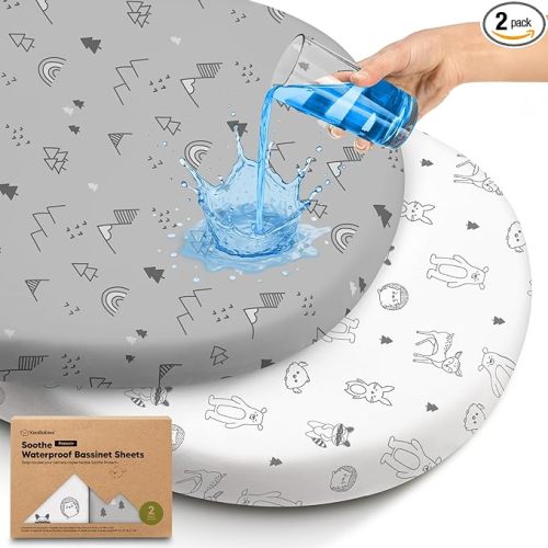 2-pk Waterproof Bassinet Sheets Girls, Boys, Cotton - 33x17 Universal Bassinet Mattress Pad Protector Cover, Compatible with Graco,Baby Delight,Chicco,Halo Bassinest Swivel Sleeper Fitted (Woodland)