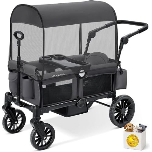 ELEMARA Foldable Wagon Stroller, Stroller Wagon for 2 Kids, Premium All Terrain Wagon for Kids with Removable Canopy, Adjustable Push/Pull Handle, Harnesses, Large Storage Bag, Gray