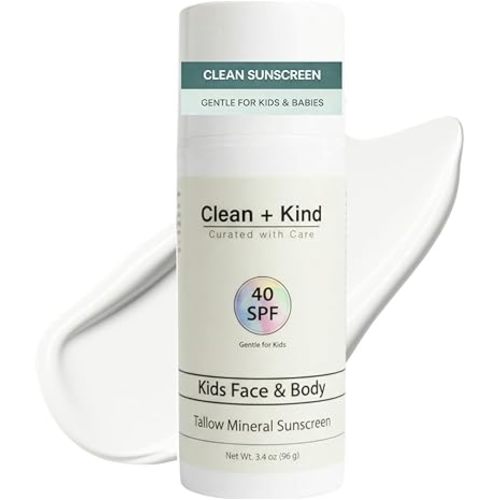 Kids Mineral Sunscreen SPF 40 – Non-Nano Zinc Oxide Sun Protection with Grass-Fed Tallow, Lightweight No White Cast, Gentle for Sensitive Skin