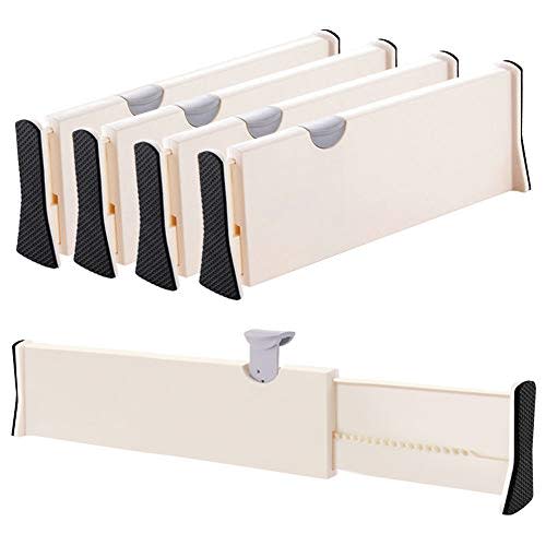Drawer Dividers Organizer 4 Pack, Adjustable Separators 4" High Expandable from 14.9-21" for Bedroom, Bathroom, Closet, Clothing, Office, Kitchen Storage, Strong Secure Hold, Foam Ends, Locks in Place