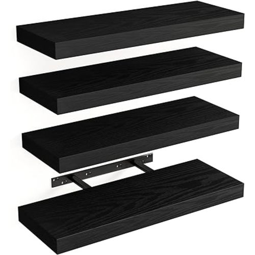 Fixwal Floating Shelves for Wall, Wall Mounted Rustic Wood Shelves for Bathroom, Living Room, Bedroom and Kitchen, Wall Shelves for Storage,Books,Room Decor (Black, Set of 4, 15.8 Inch)