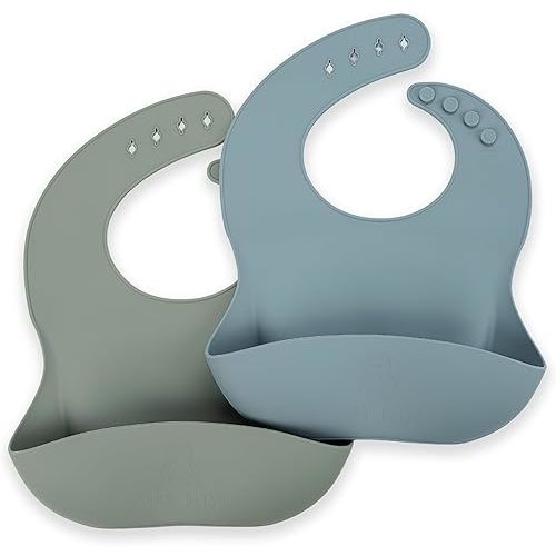 Silicone Bib 2-Pack: Safe, Non-Toxic, Food-Grade. Waterproof, Adjustable Neck Band, Easy-Clean Pouch Catcher.
