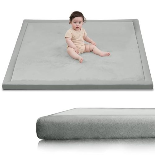 Huloo Sleep Baby Play Mat for Floor,1.3" Thick Memory Foam Tummy Time Mat,Soft Coral Velvet Nursery Rug,Extra Large Non Slip Crawling Mats for Living Room(Light Grey)