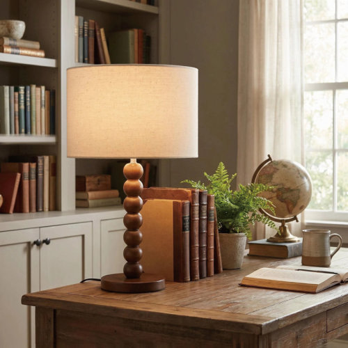 George Oliver 17.5" Retro Walnut Rubberwood Table Lamp with Sculptural Stacked Sphere Base and Beige Linen Drum Shade, cULus Certified for Living Room Side Tables, Bedroom Corners, Home Offices or Study Rooms | Wayfair