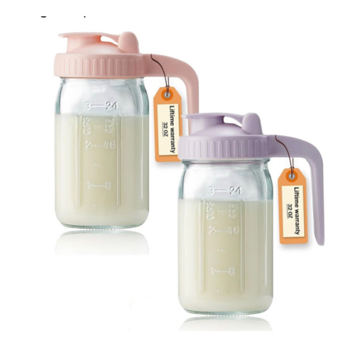 32oz Glass Pitcher with Lid & V-shaped Pour Spout - 1 Quart Double Leak Proof, Creamer Container for Sun Tea, Juice, Cold Brew Coffee, Breastmilk Storage Container