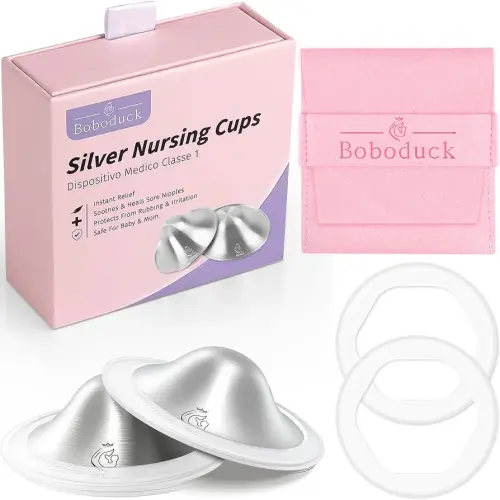 Boboduck 925 Silver Nipple Covers Breastfeeding - The Original Silver Nursing Cups - Protect and Soothe Sore Nipples - Silver Nipple Shield Guards with Soft Silicone Ring
