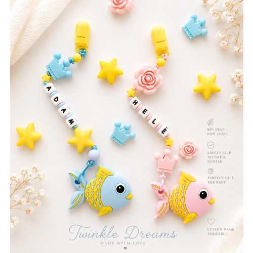 Fish Theme Accessory | Personalized Pacifier Clip with Custom Name | Silicone Sensory Toy | Baby Shower Gift | Newborn Gift