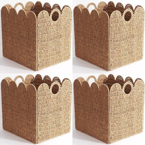 Scalloped Wicker Storage Cubes Basket, 12”x12“ Heavy Duty Paper rope/Hyacinth/Seagrass Baskets for Shelves, Foldable Natural Boho Square Bins (Paper Rope, 12 x 12 x 12in, 4-Pack)
