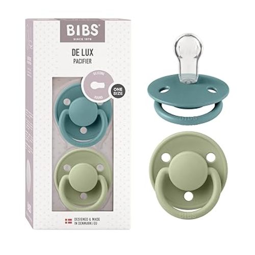 BIBS Pacifiers - De Lux Collection | BPA-Free Round Nipple | Silicone | Made in Denmark | Set of 2 Ivory/Sage Color Premium Soothers | Size One Size