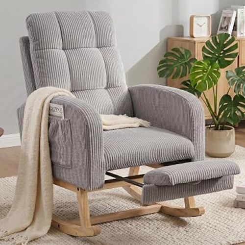 Nursing Rocking Chair, Nursery Glider with Footrest (Grey Retro)