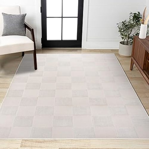 JONATHAN Y Checkerboard High-Low Indoor Area Rug 5X8 White/Cream, Thea Modern Geometric for Living Room, Bedroom, Kitchen, Office, Easy-Cleaning, High Traffic, Pet-Friendly, Non-Shedding SND103B-5