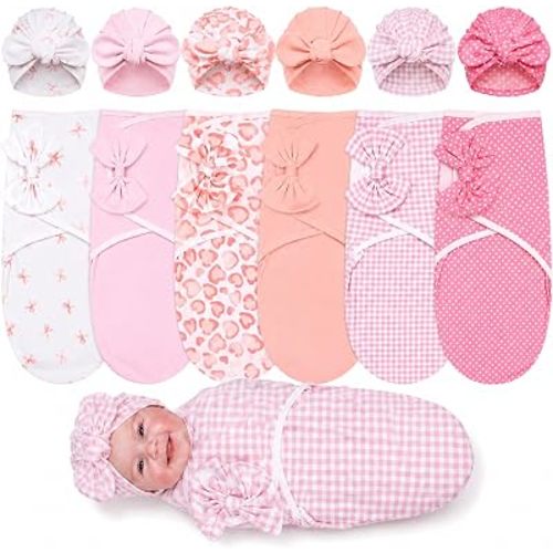 Ramede 6-Pack Preemie Baby Swaddle Blankets with Hats, Breathable 100% Cotton Baby Swaddles, Suitable for Preemie Babies and Newborns, Soft Cotton, Adjustable(Bow,Soft Pink)