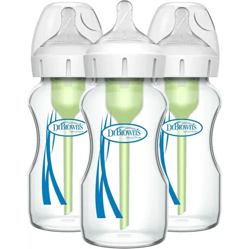 Dr. Brown's Natural Flow Anti-Colic Options+ Wide-Neck Glass Baby Bottles 9 oz/270 mL, with Level 1 Slow Flow Nipple, 3 Pack, 0m+