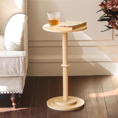 MaxSmeo Drink Table, Small Side Table for Small Spaces, Modern Round End Table with Fluted Wood Leg, Rustic Brown