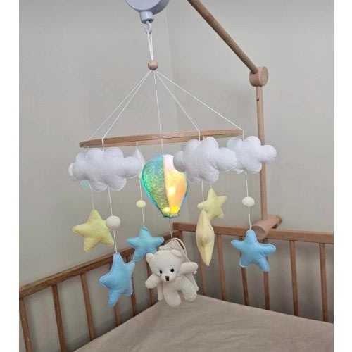 LED Hot Air Balloon Baby Mobile: Felt Cloud, Star & Teddy Bear Nursery Light