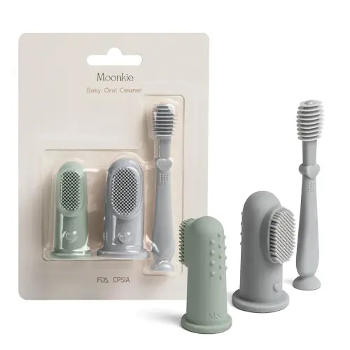 Moonkie Baby Finger Toothbrush Tongue Oral Cleaner Kit for 3 Months +, 3 Pcs (Blue/Mint/Blue)