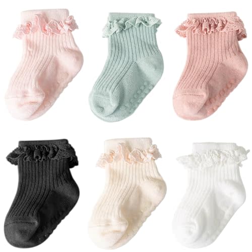 DRESHOW BQUBO Baby Girls Toddler Anti Slip Socks - Cute Frilly Ruffle Grip Ankle Socks for Infant Toddler