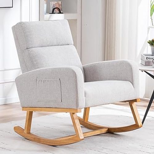 HCHAIRH Rocking Chair Nursery, Nursing Rocking Chairs, Upholstered Nursery Glider Rocker for Mom Nursery Morden Rocking Chair with Side Pocket for Living Room,Bedroom，Light Gray