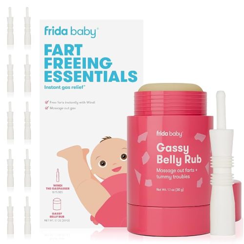 Frida Baby Fart Freeing Essentials | Includes Windi and Gassy Belly Rub for Safe, Natural, and Instant Gas Relief for Infants and Babies