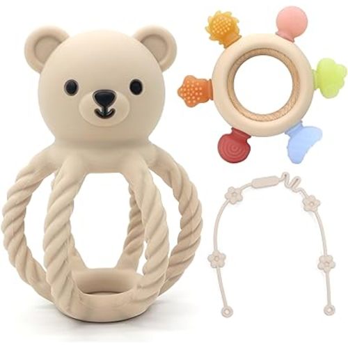 3Pcs Baby Silicone Teether Toy Set - Food-Grade Silicone Teething Relief Toys,Wooden Ring Teether Cute Bear Toy and Toy Straps for Babies 3-12 Months (Bright Beige)