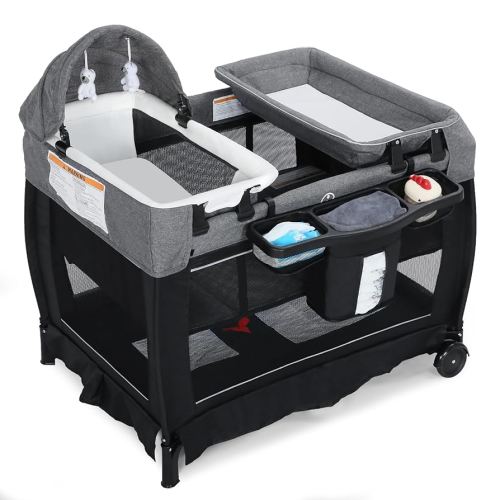 4 in 1 Multifunctional Pack n Play, Foldable Baby Playards with Changing Table & Breathable Mesh, Baby Playpen for Babies and Toddlers, Black