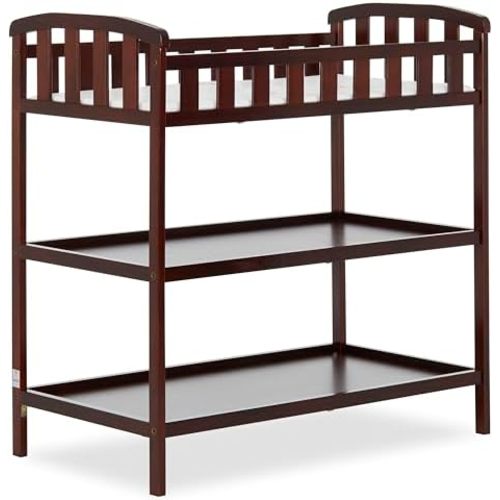 Dream On Me Emily Changing Table, Compact and Portable Solid New Zealand Pinewood, Safety Rails, Two Storage Shelves, Includes Water-Resistant 1" Changing Pad — Espresso