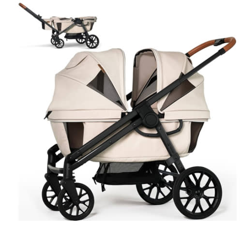 Wagon Stroller for 2 Kids, All-Terrain with Removable UV-Protection Canopy, Adjustable Push/Pull Handle, Snack Tray & Cup Holders, Perfect for Baby and Toddler（Khaki）